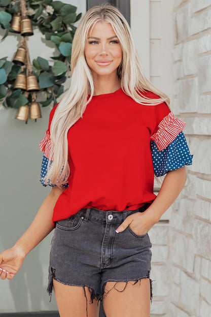 Top de manga corta abullonada Fiery Red Stars and Stripes