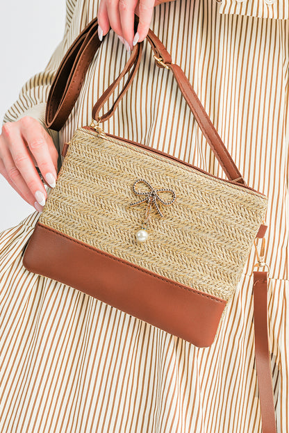 Beige Bow Pearl Decor Straw PU Leather Patched Crossbody Bag - Snoopy's Closet