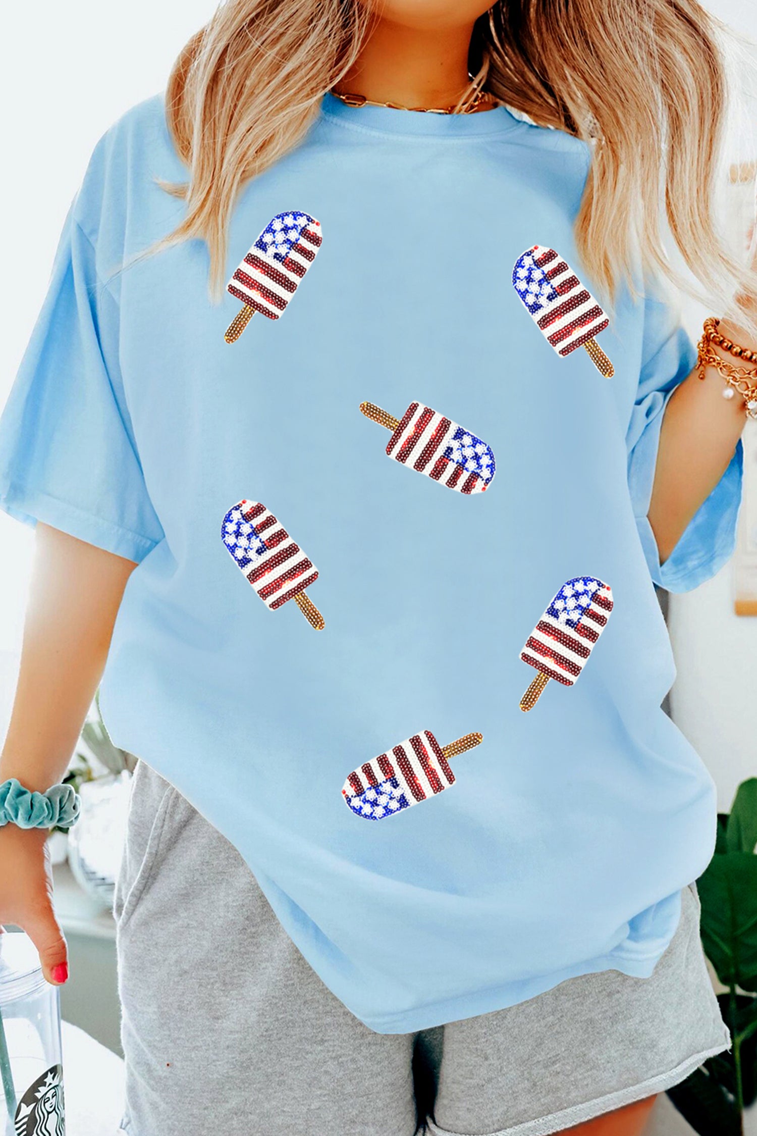 Light Blue Patriotic Sequin Popsicle T Shirt