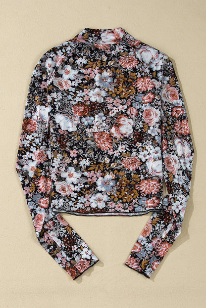 Brown Floral Long Sleeve High Neck Sheath Mesh Blouse - Snoopy's Closet