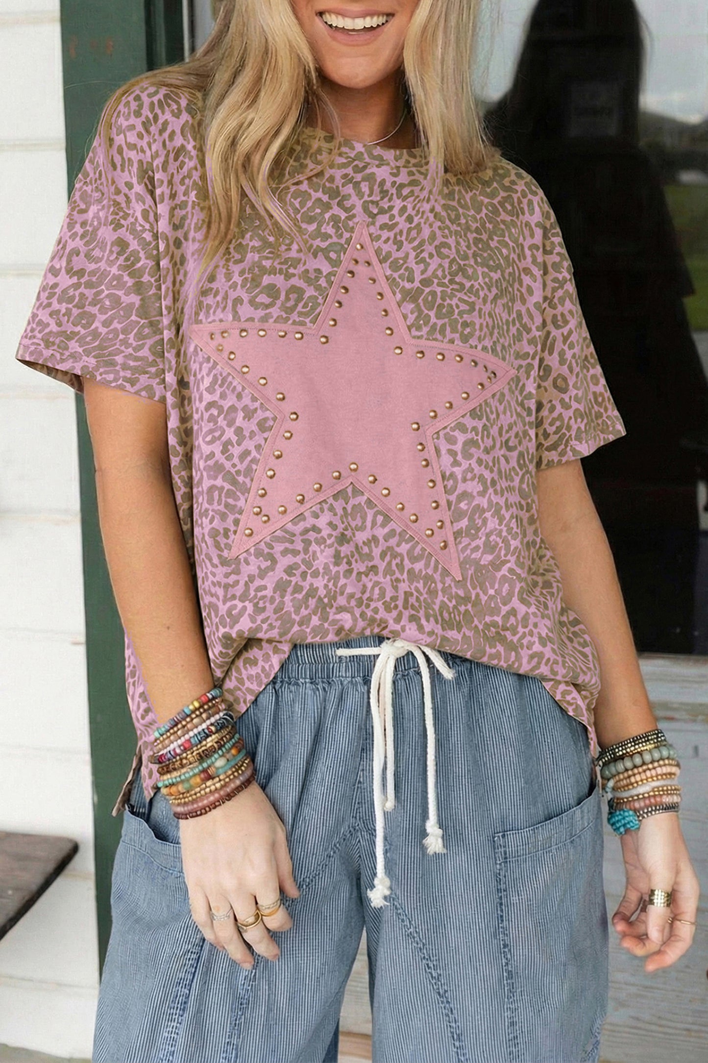 Khaki Leopard Retro Studded Star Patch Loose Tee - Snoopy's Closet
