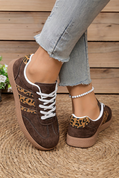 Coffee Contrast Lace-up Leopard Patchwork Detail Faux Suede Shoes - Snoopy's Closet