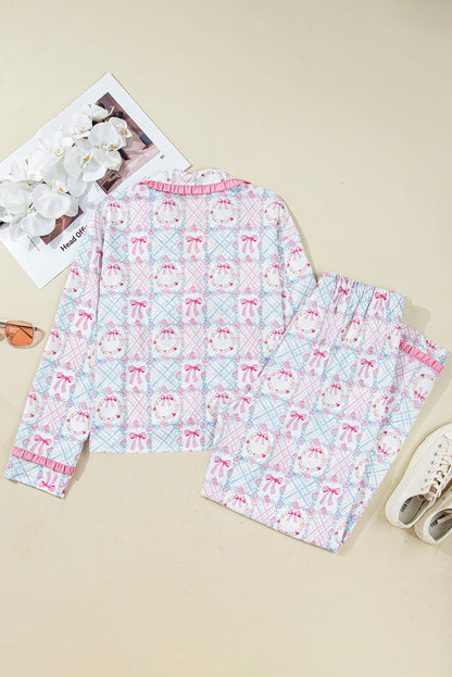 Pink Bow Wreath Pattern Christmas Holiday Tied Front Long Sleeve 2pcs Pajama Set - Snoopy's Closet