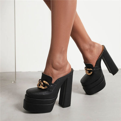processing time:3-5 days after placing orders--Women Sandals Genuine Leather Super High Heels Slippers Platforms Mules Wedding Party Shoes Woman Fashion Chain Pumps