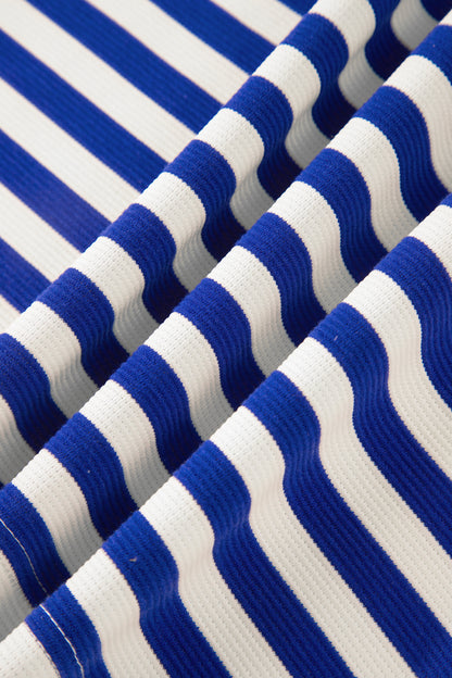 Dark Blue Textured Stripe Print Contrast Trim Zip Collar Sleeveless 2pcs Skort Set - Snoopy's Closet