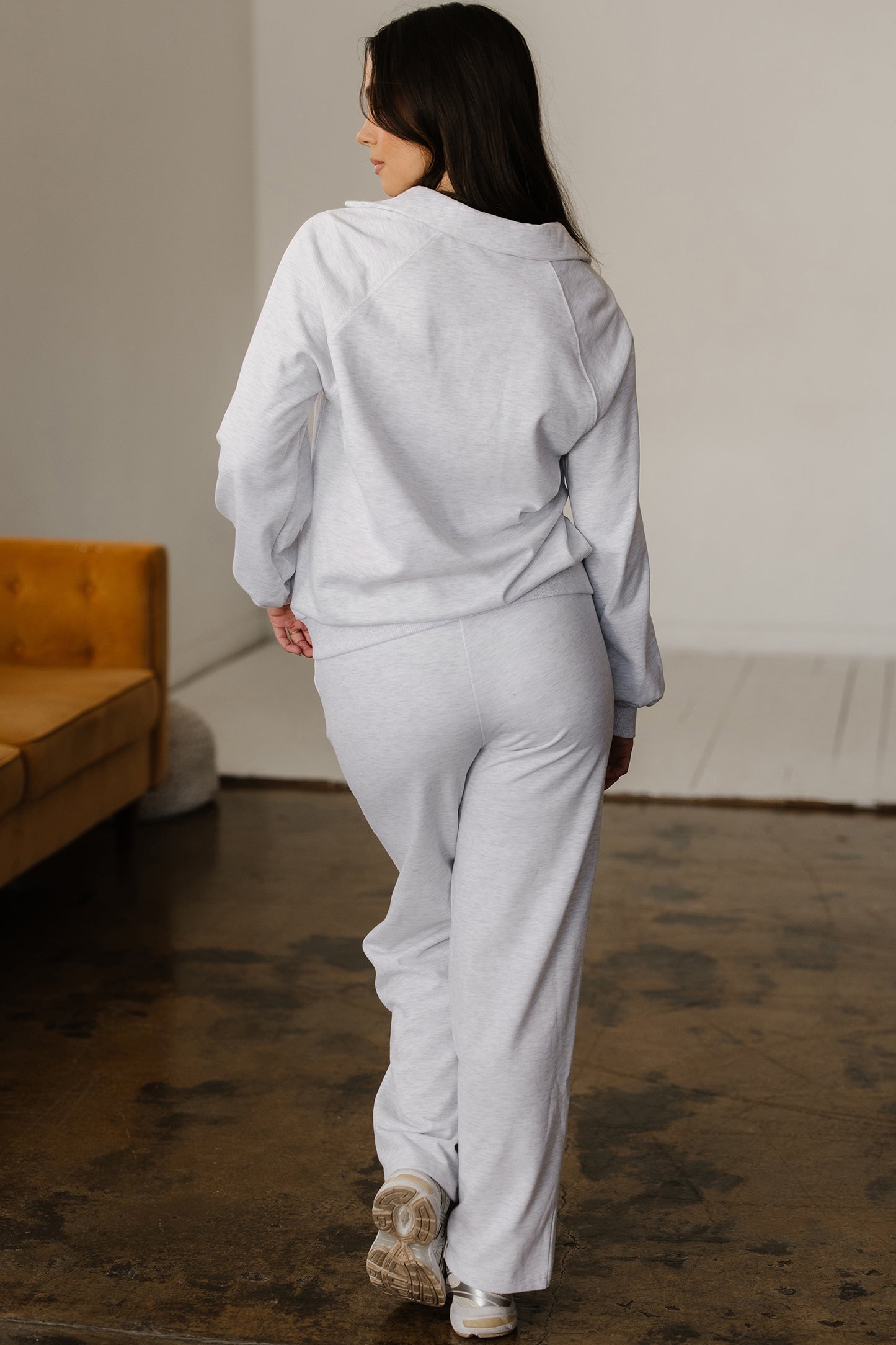 Light Grey Polo Collar V Neck Pullover and Drawstring Sweatpants Set - Snoopy's Closet