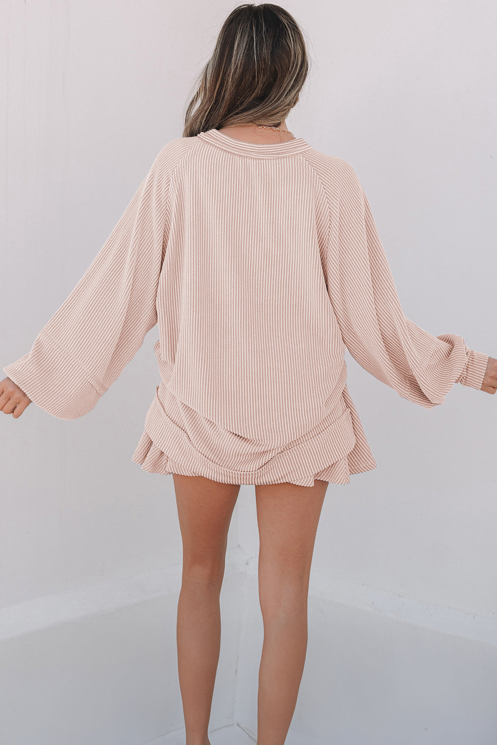Sky Blue Corded Lantern Sleeve Top High Waist Ruffled Mini Skort Set - Snoopy's Closet