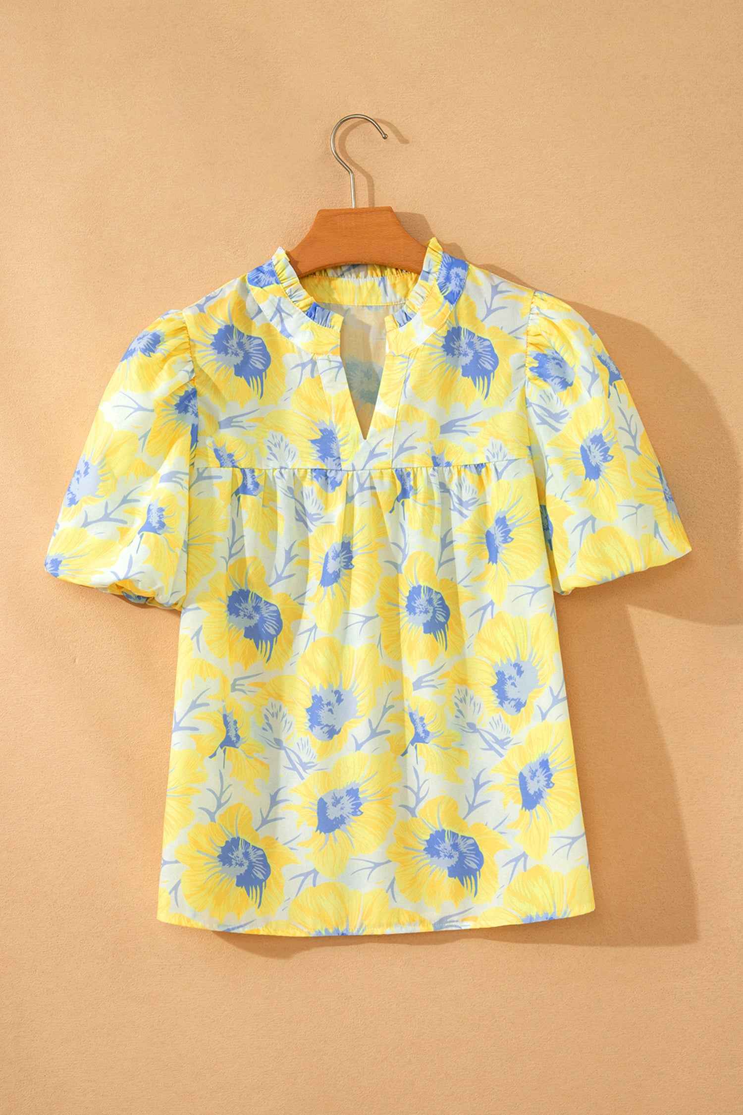 Green Short Bubble Sleeve Summer Floral Blouse