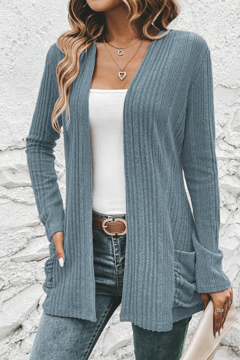 Stone Blue Ribbed Open Front Knitted Top with Pockets - Snoopy's Closet