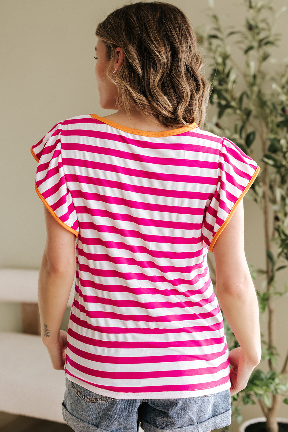 Rose Red Striped Ruffle Sleeve Crew Neck Blouse - Snoopy's Closet