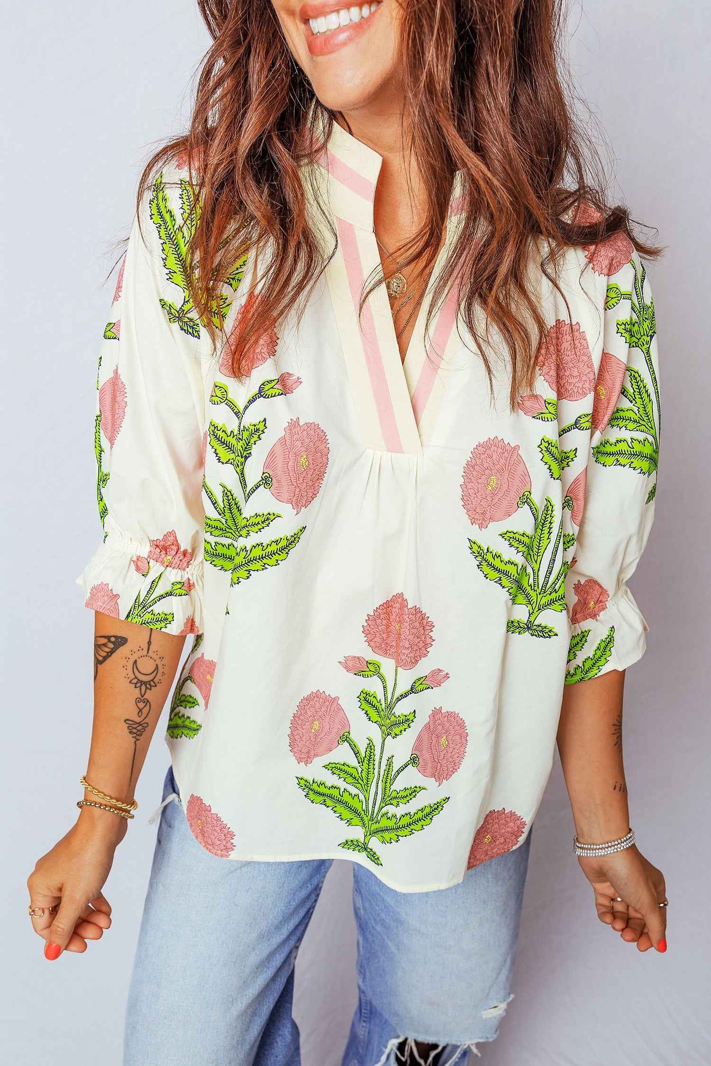 Green Casual Wild Flower Print V Neck 3/4 Sleeve Blouse