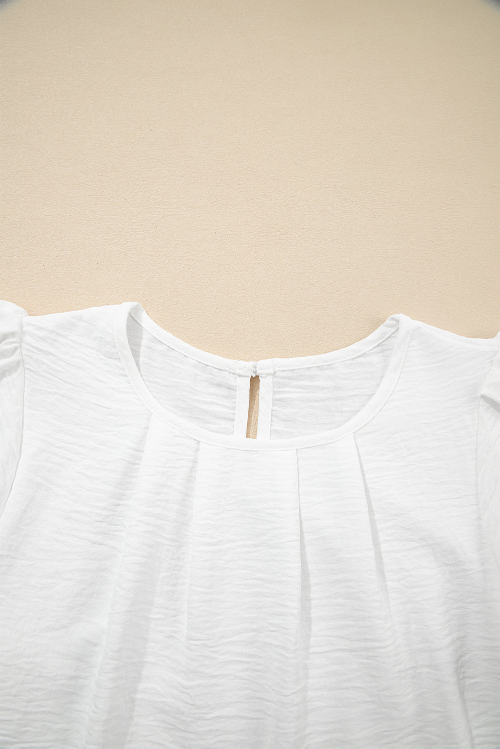 White Flounce Sleeve Pleated Textured Blouse - Snoopy's Closet