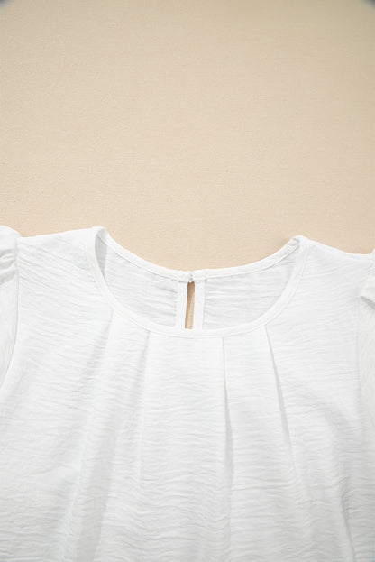 White Flounce Sleeve Pleated Textured Blouse - Snoopy's Closet