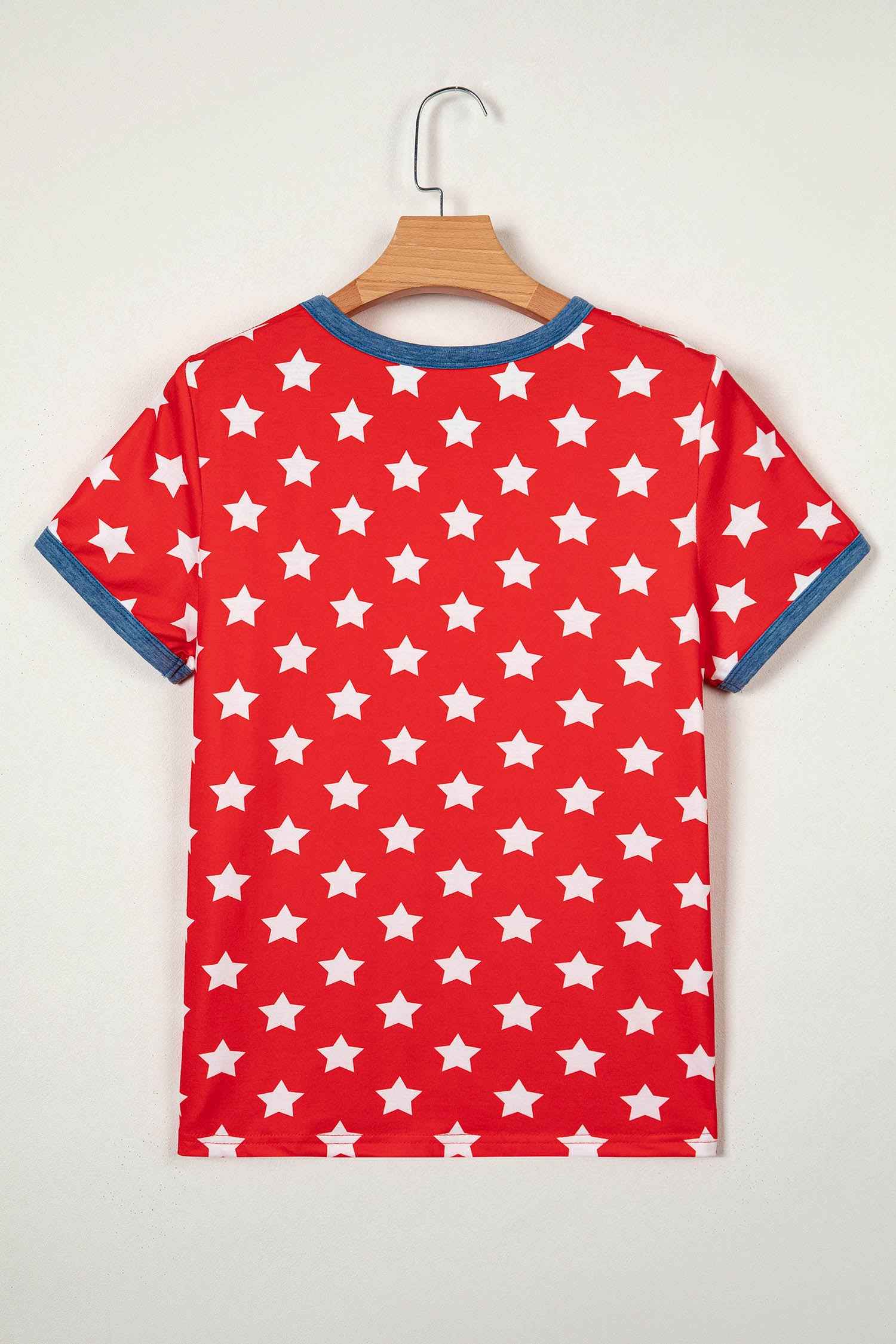 Red Stars Print Colorblock Binding Tape Collar Cuff Viscose Tunic Top