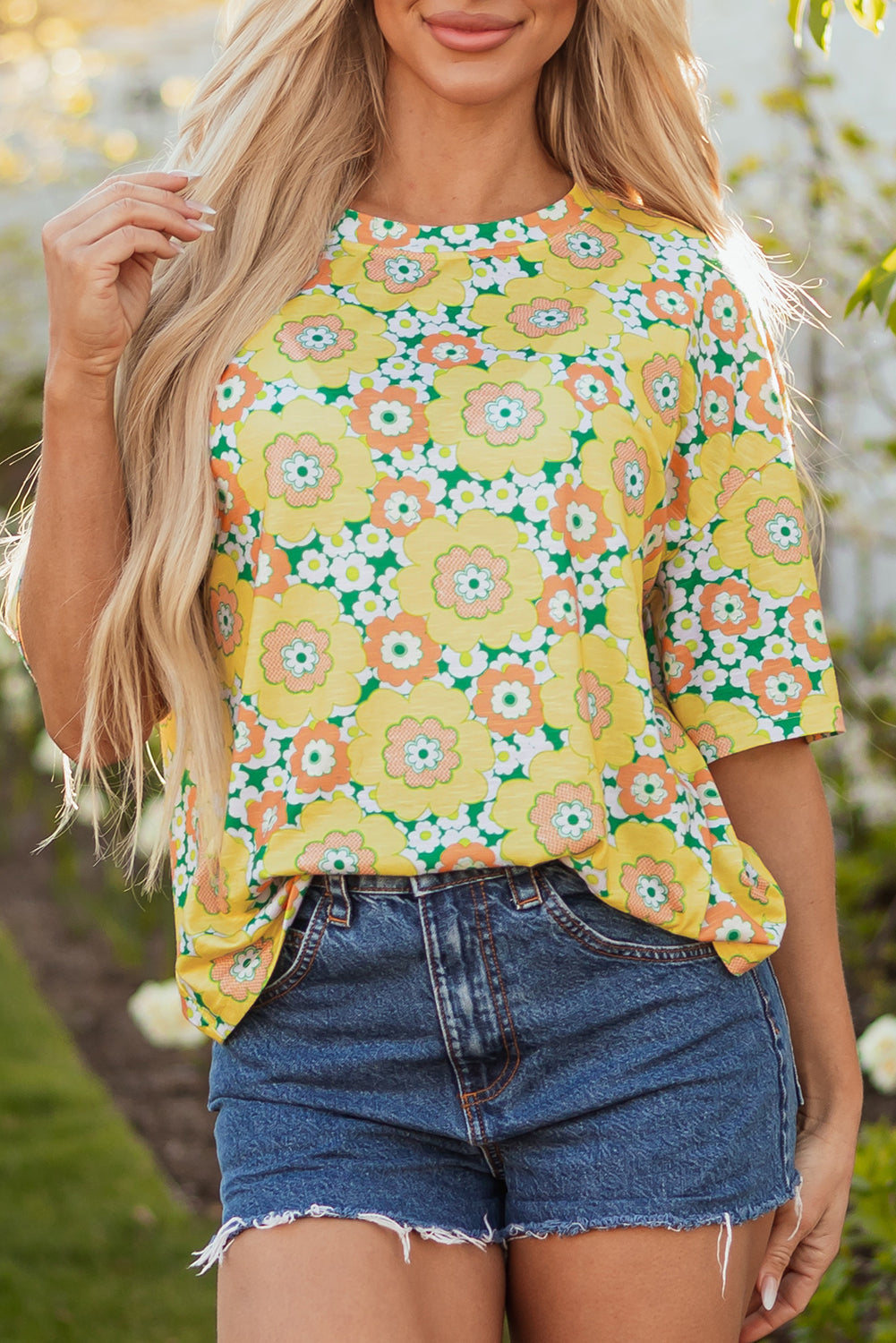 Yellow Summer Flower Printed Drop Shoulder Loose T Shirt - Snoopy's Closet