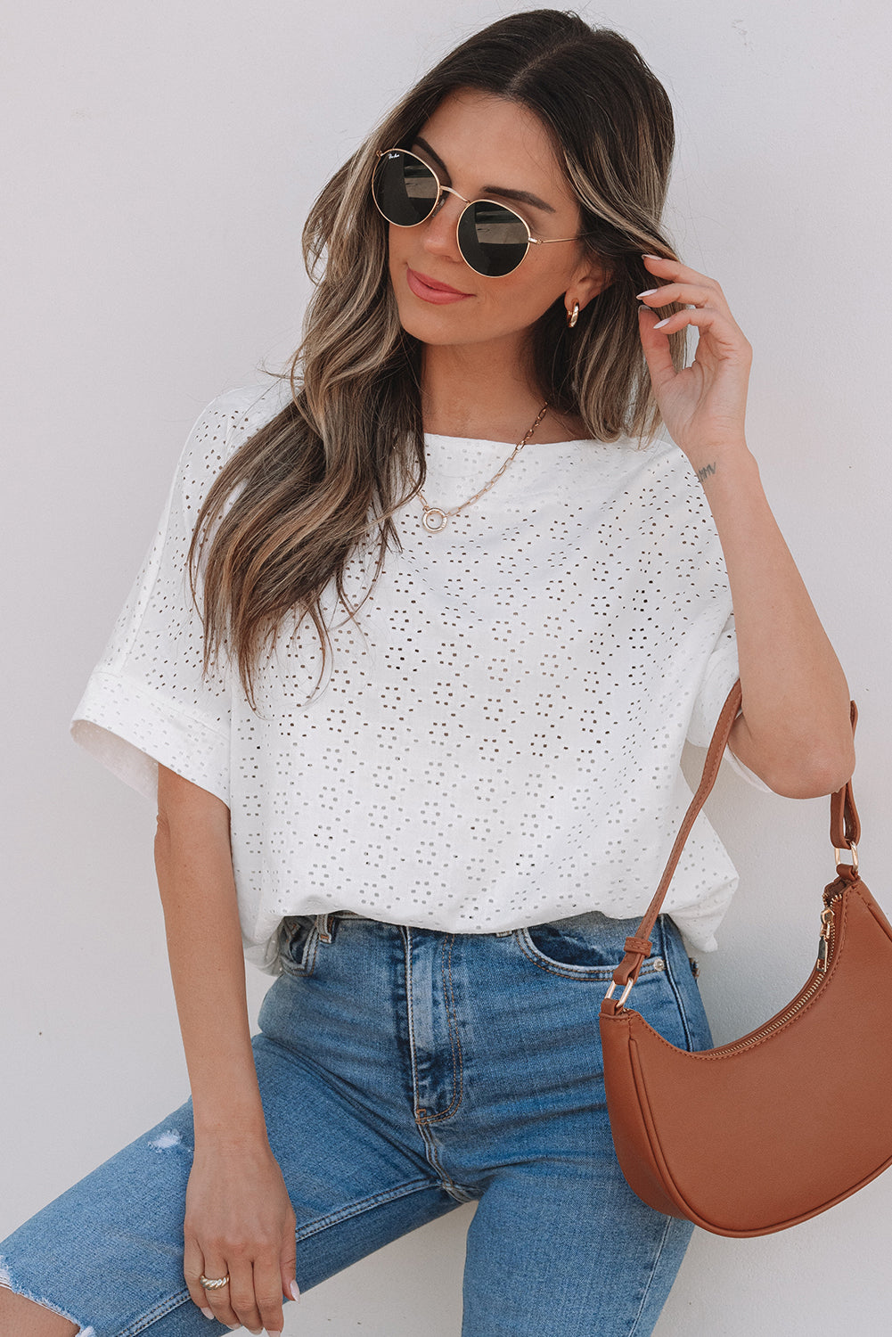 White Eyelet Pattern Boat Neck Casual Tee - Snoopy's Closet