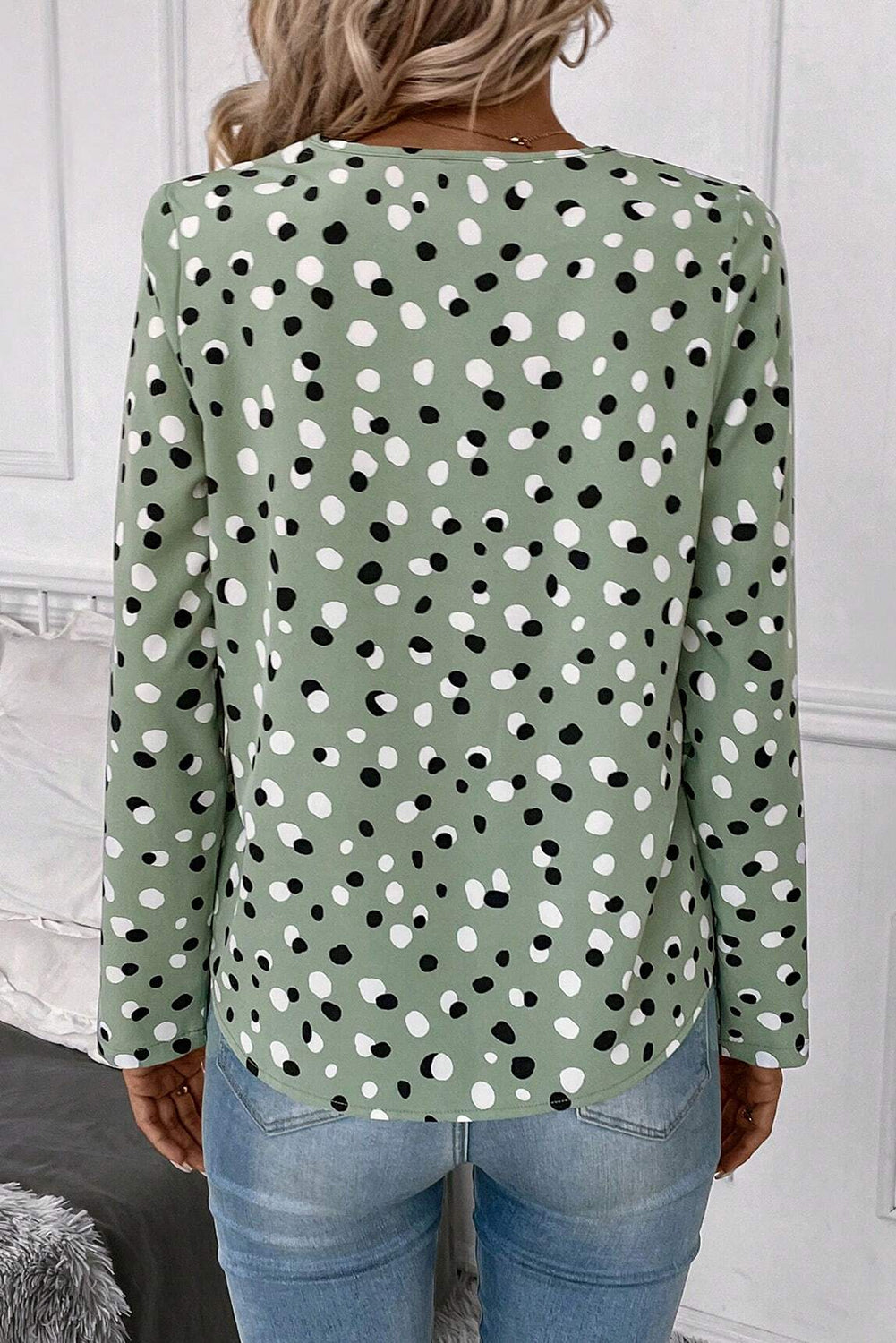 White Polka Dot Print Button Front V Neck Blouse - Snoopy's Closet