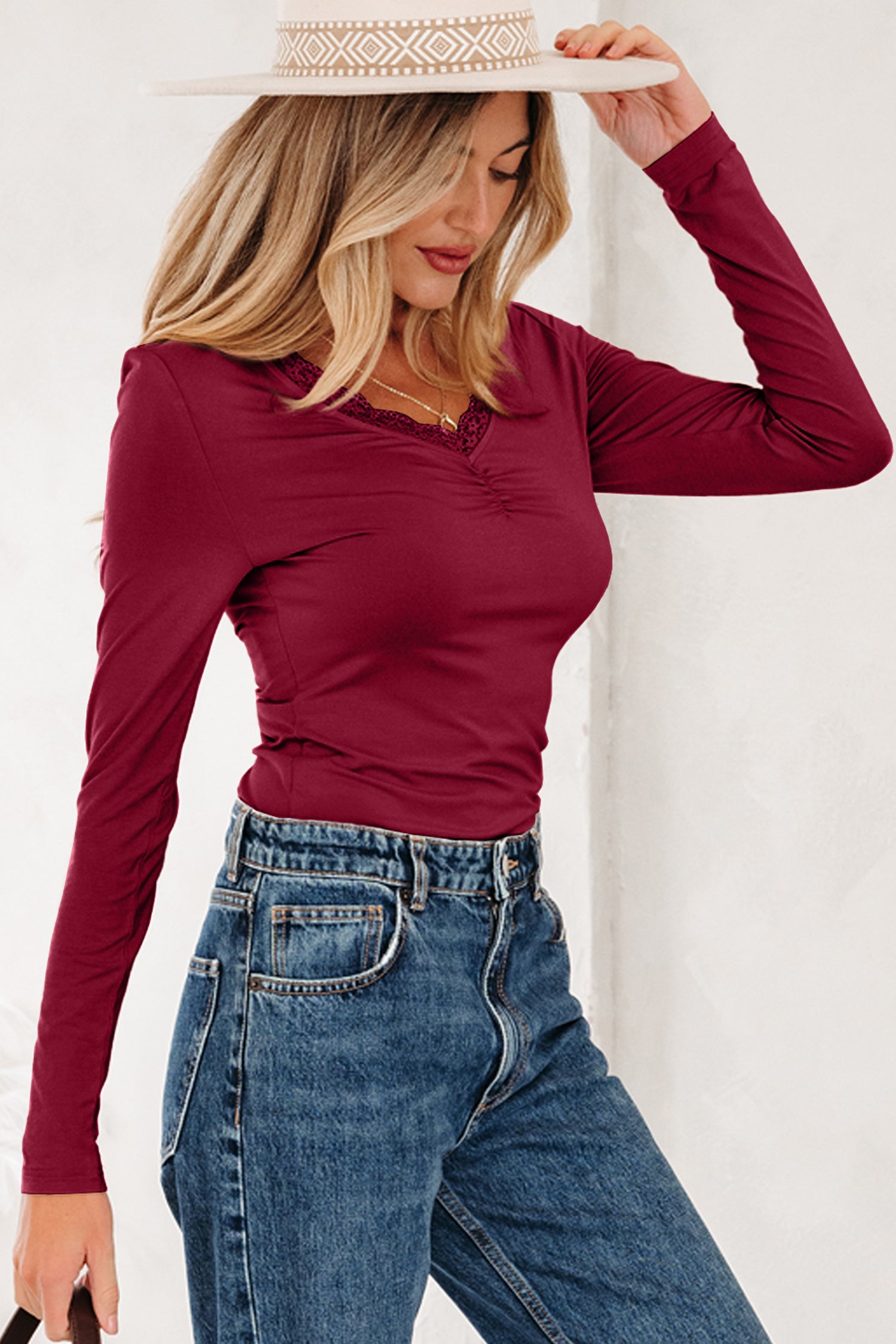 Red Dahlia Lace-trimmed Sweetheart Neckline Ruched Detail Long Sleeve T-shirt - Snoopy's Closet