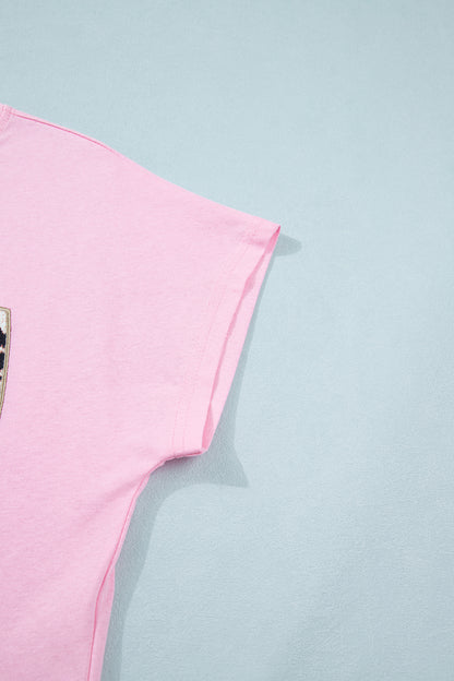 Camiseta de algodón con cuello redondo, estampado de leopardo rosa y lazo bordado