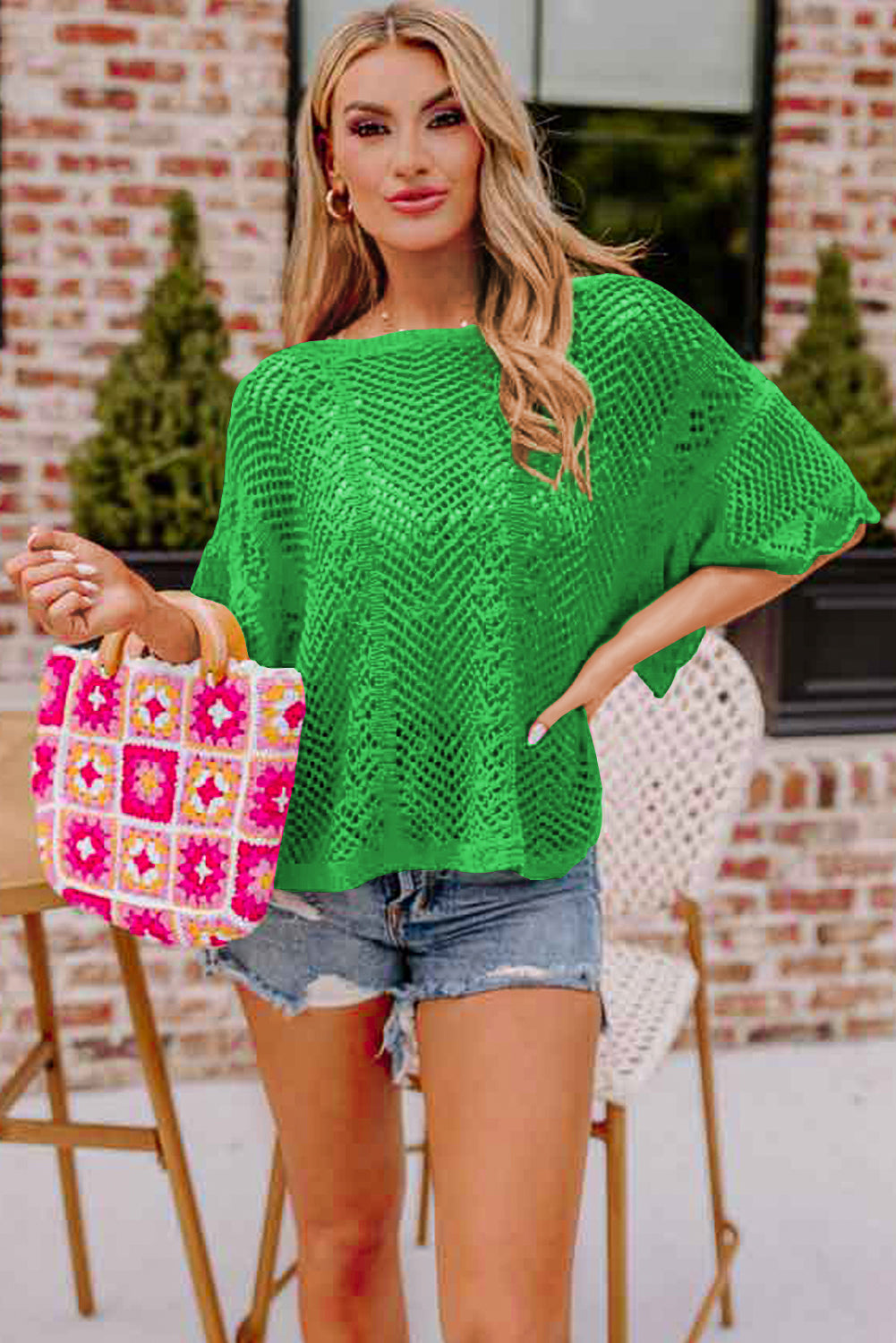 Green Pointelle Knit Scallop Edge Short Sleeve Top - Snoopy's Closet