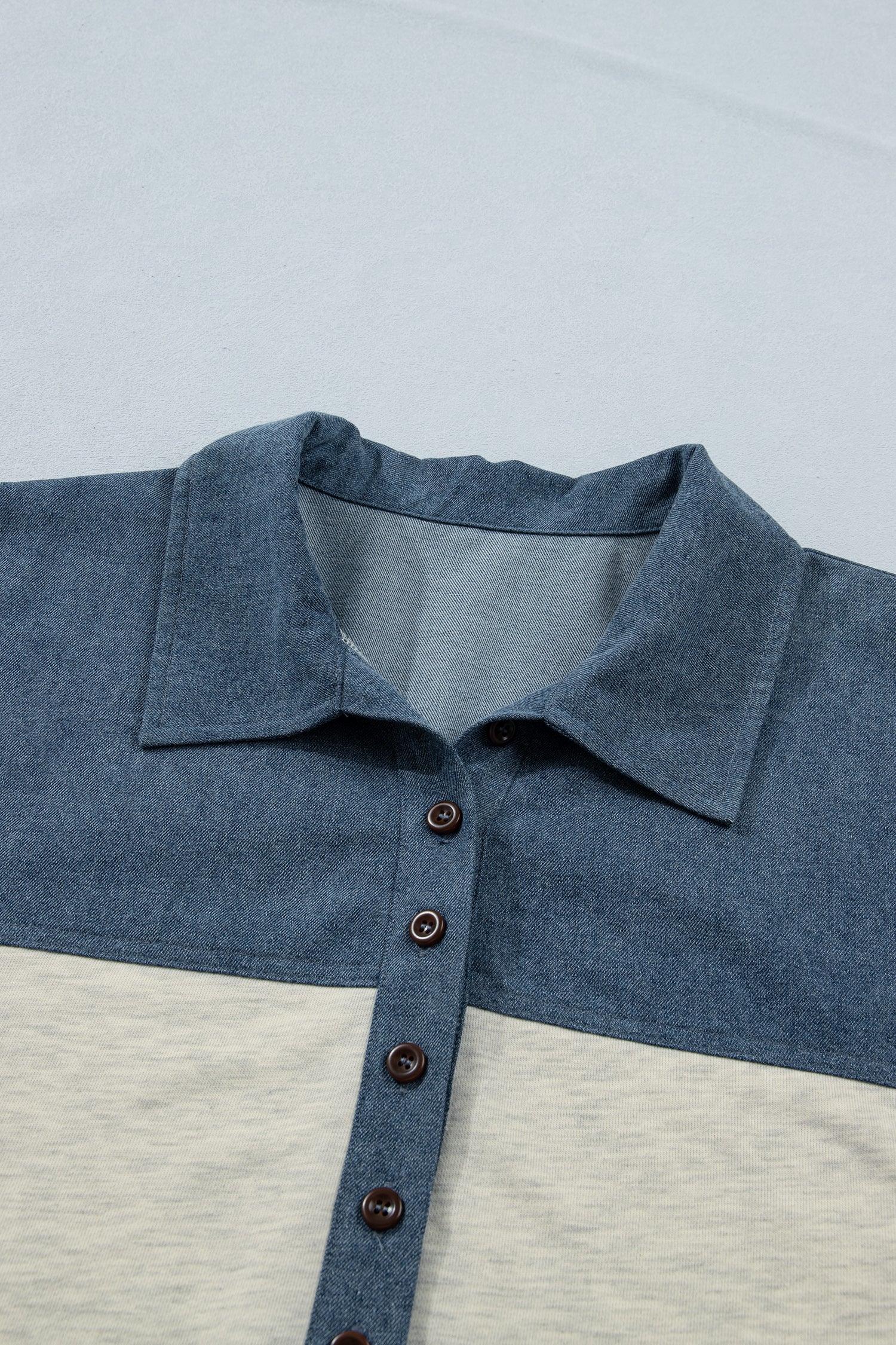 Light Grey Half Buttons Collared Denim Patchwork Plus Short Sleeve Top - Snoopy's Closet