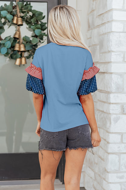 Top de manga corta abullonada Beau Blue con estampado de rayas y estrellas