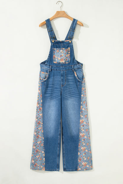 Peacock Blue Floral Patchwork Bib Denim Wide Leg Overalls - Snoopy's Closet