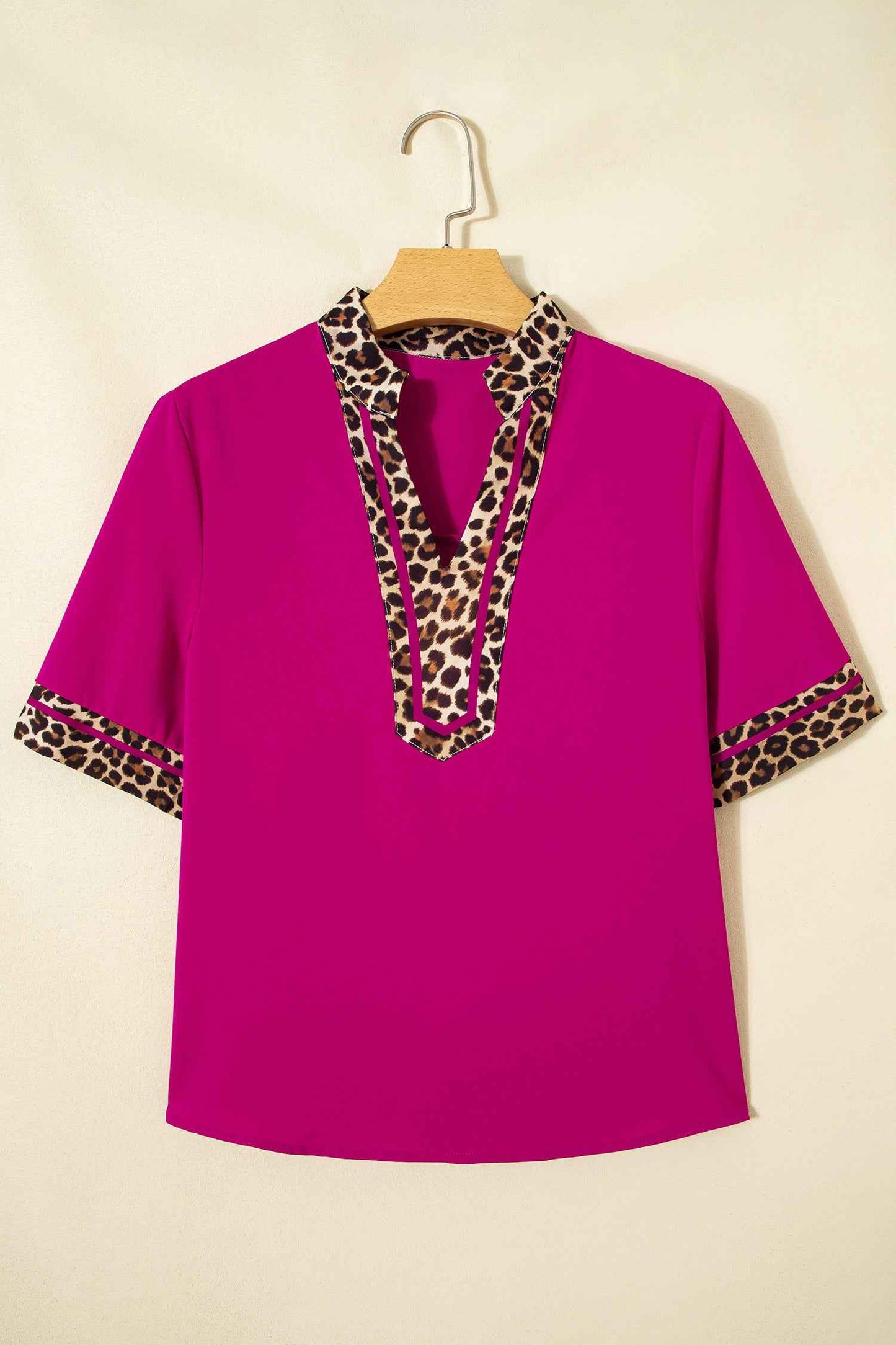 Violet Leopard Patchwork Trim Split Neck Short Sleeve Blouse
