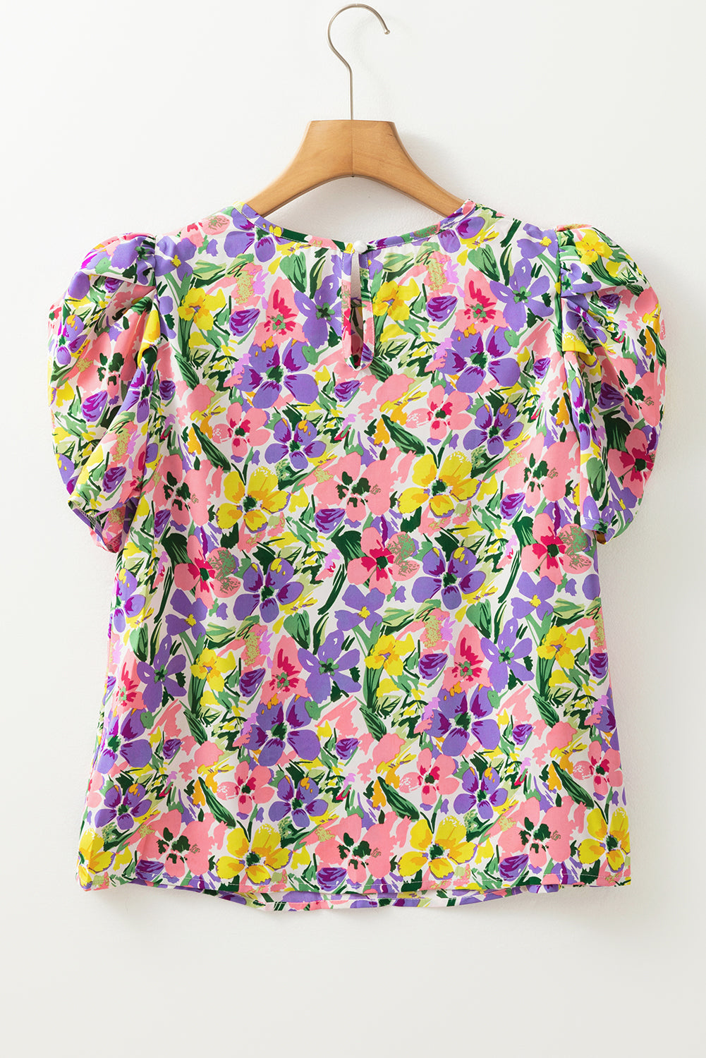Purple Floral Print Puff Short Sleeve Crew Neck Blouse - Snoopy's Closet