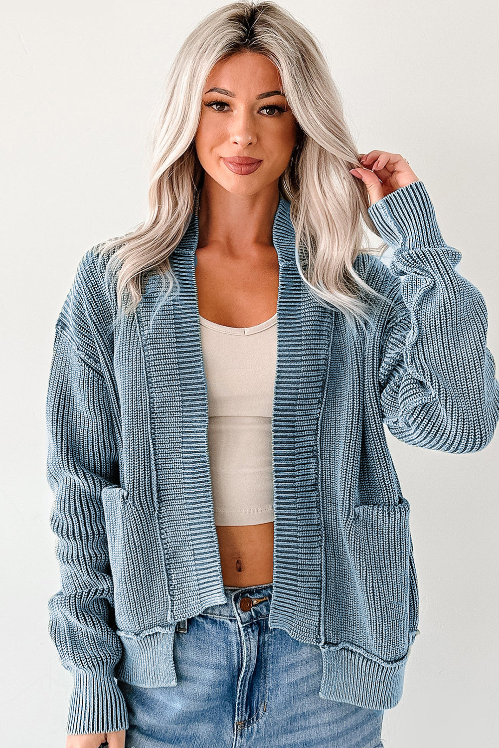 Evergreen Mineral Wash Exposed Seam Patchwork Knit Open Sweater Cardigan - Snoopy's Closet