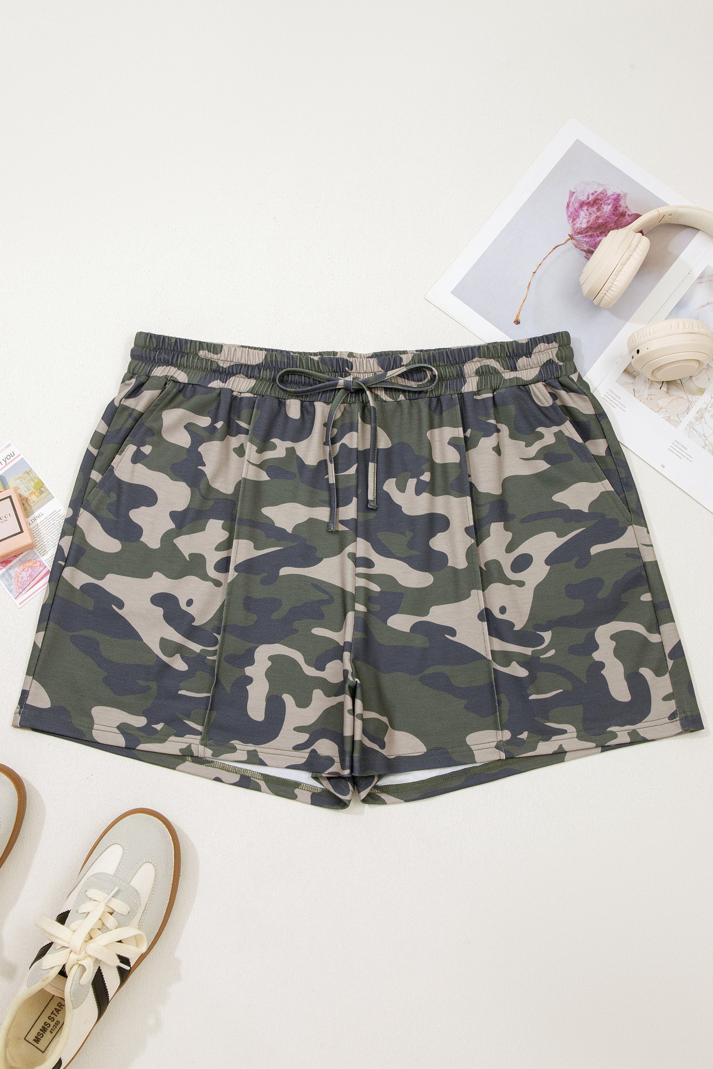 Green Tie Elastic Waist Pocketed Plus Size Camo Shorts - Snoopy's Closet