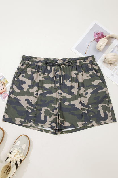 Green Tie Elastic Waist Pocketed Plus Size Camo Shorts - Snoopy's Closet