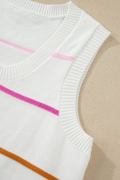 White Stripe Round Neck Knitted Sweater Tank - Snoopy's Closet