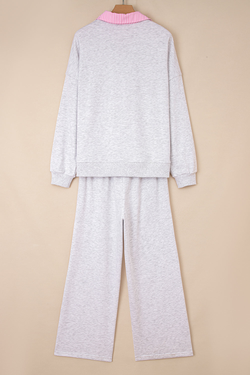Light Grey 2pcs Contrasted Trim Frilled Collar Drop Shoulder Pullover Drawstring Pant Set - Snoopy's Closet