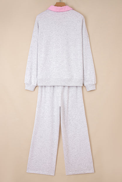 Light Grey 2pcs Contrasted Trim Frilled Collar Drop Shoulder Pullover Drawstring Pant Set - Snoopy's Closet