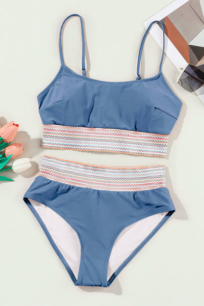 Dusk Blue Colorful Stitch Border Detail 2pcs High Waist Bikini Swimsuit - Snoopy's Closet