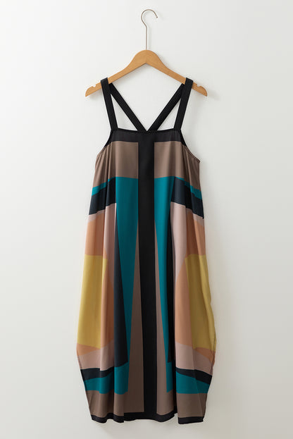 Vestido sin mangas con espalda en Y y estampado geométrico retro marrón