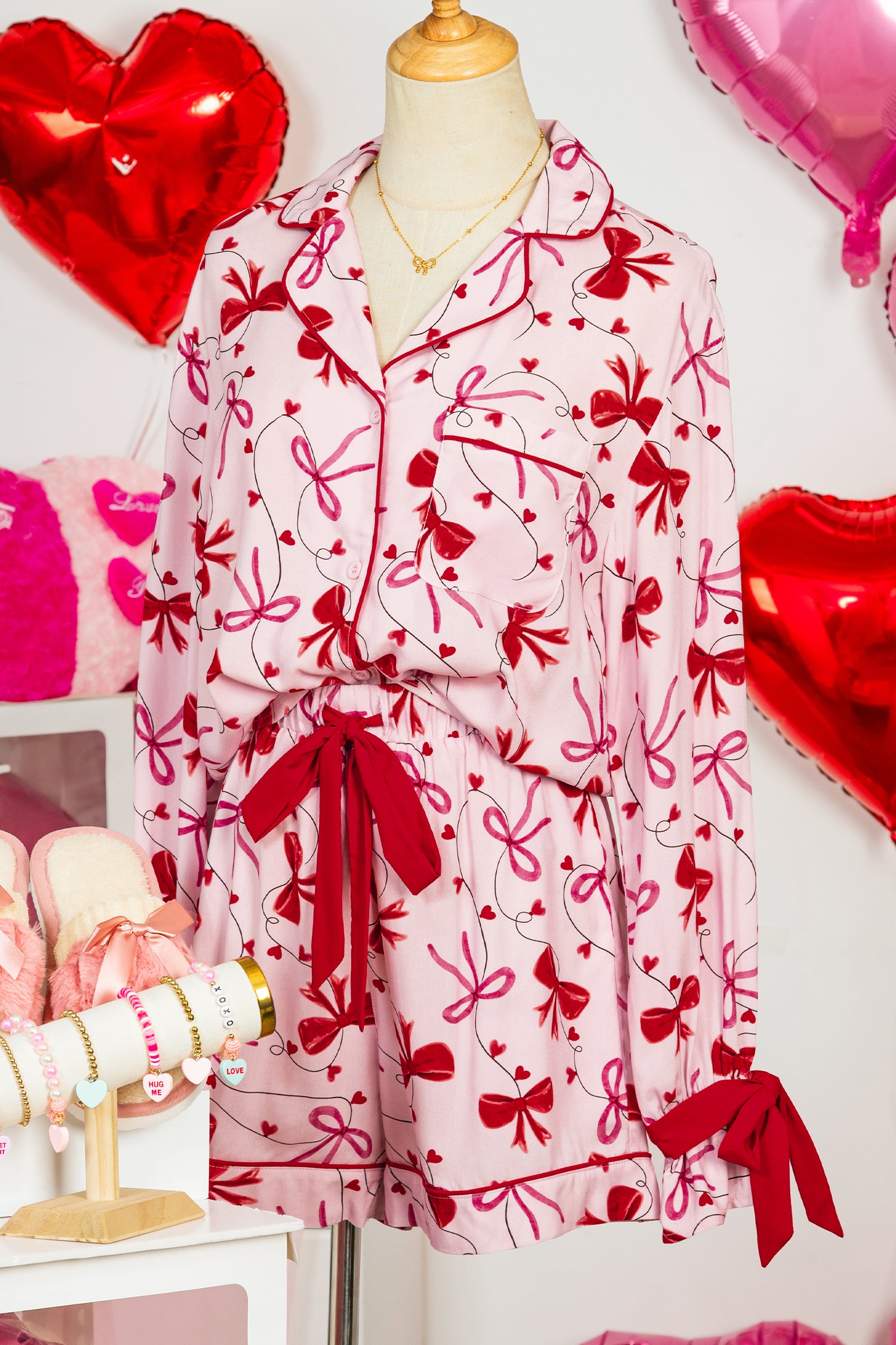 Red Bow Print Valentine Long Sleeve Shirt Shorts 2 Pcs Pajama Set - Snoopy's Closet