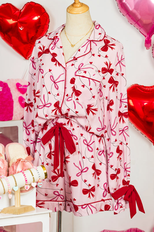 Red Bow Print Valentine Long Sleeve Shirt Shorts 2 Pcs Pajama Set - Snoopy's Closet