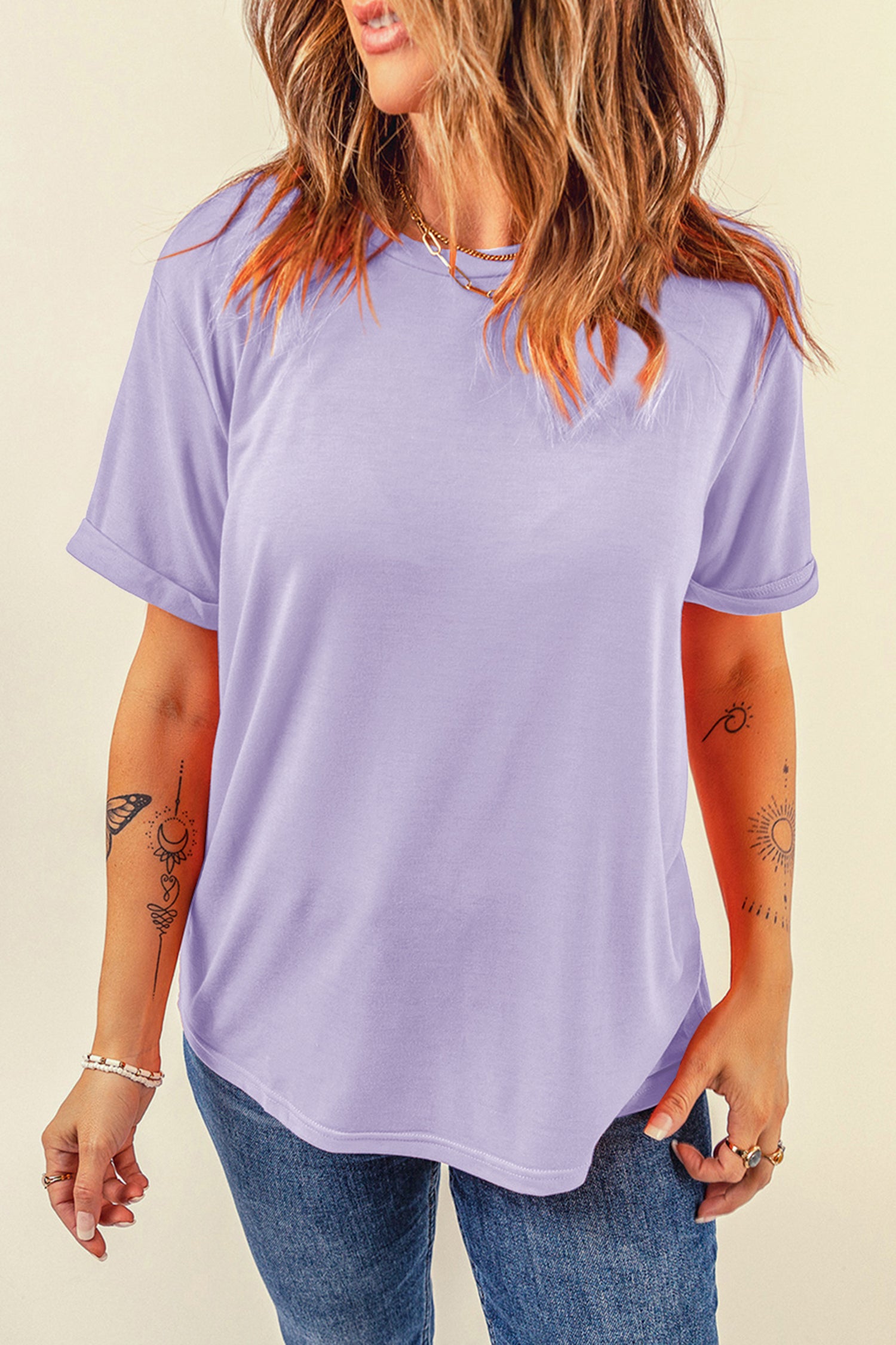 Orchid Petal Casual Plain Crew Neck Tee - Snoopy's Closet