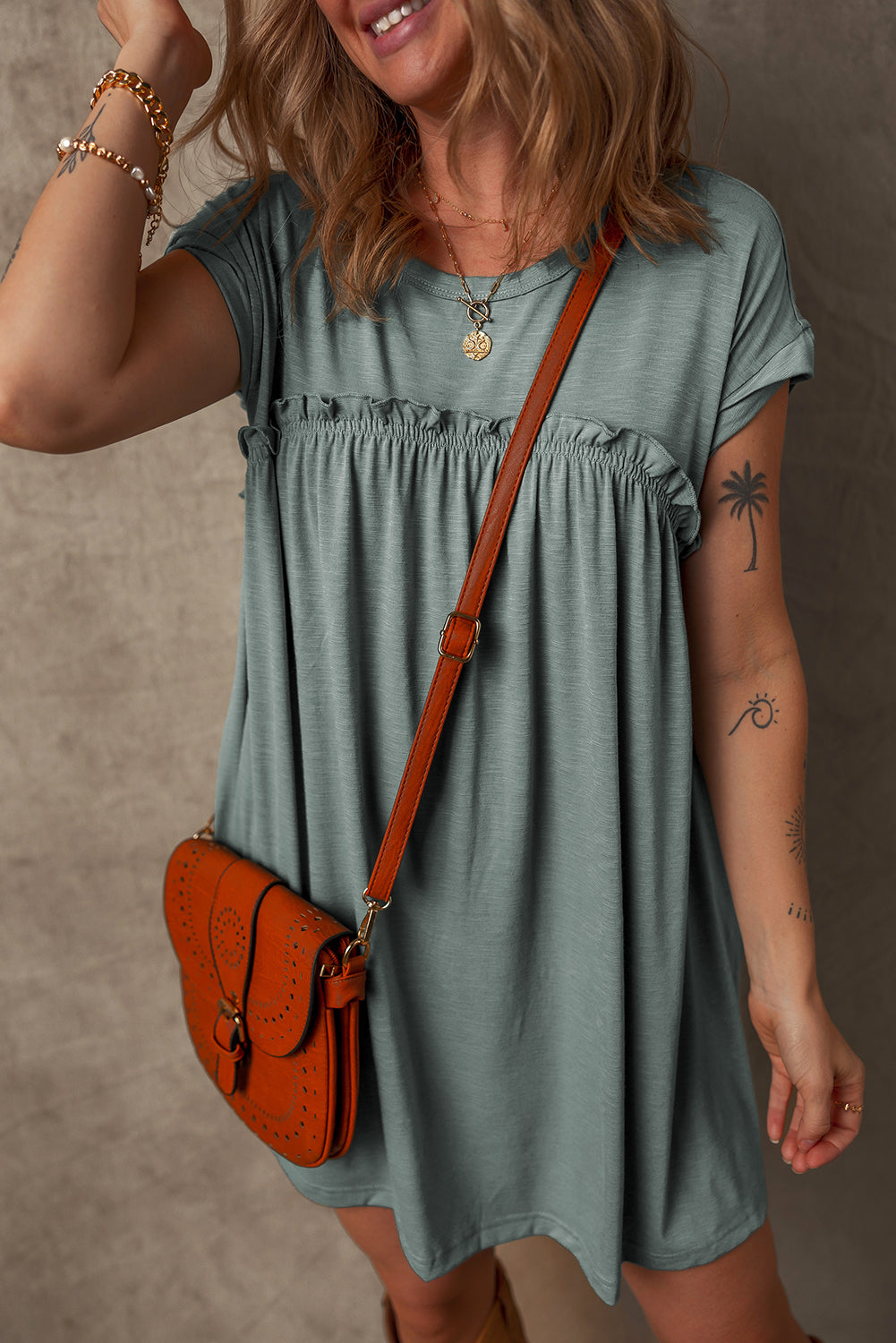 Mist Green Frilled Gathered Seam Round Neck T Shirt Dress - Snoopy's Closet