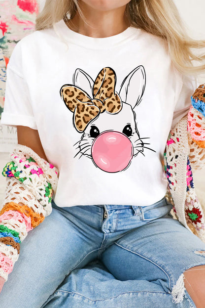 Camiseta estampada de conejo con lazo de leopardo blanco y burbujas