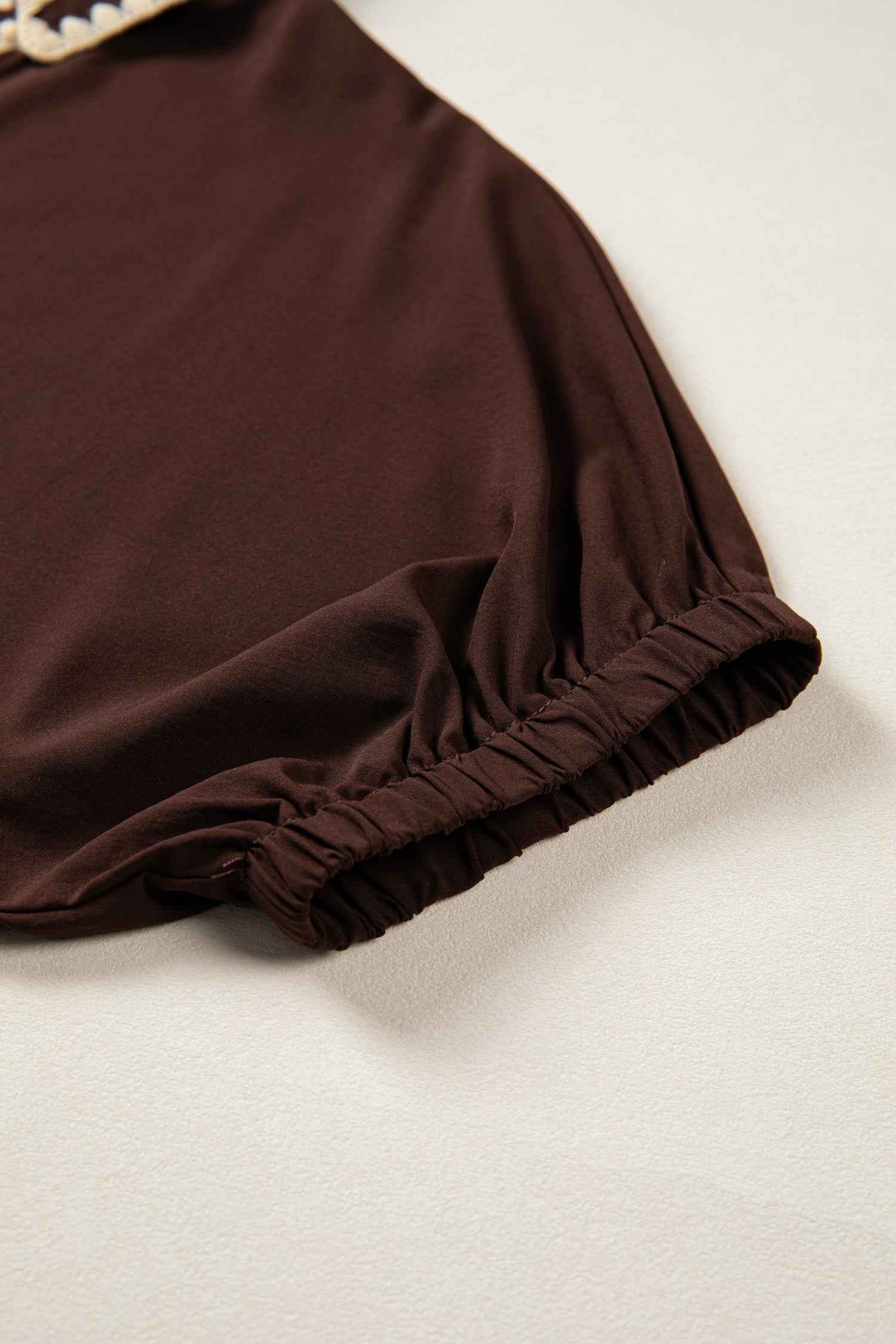 Coffee Shirt Collar Contrast Trim Button V Neck Short Sleeve Blouse