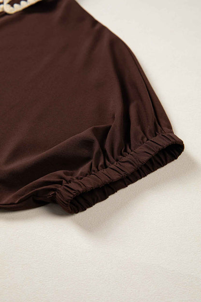 Coffee Shirt Collar Contrast Trim Button V Neck Short Sleeve Blouse