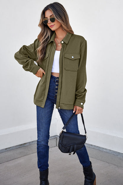 Chaquetas con cuello, color verde negruzco sólido, con cremallera y solapa con botones