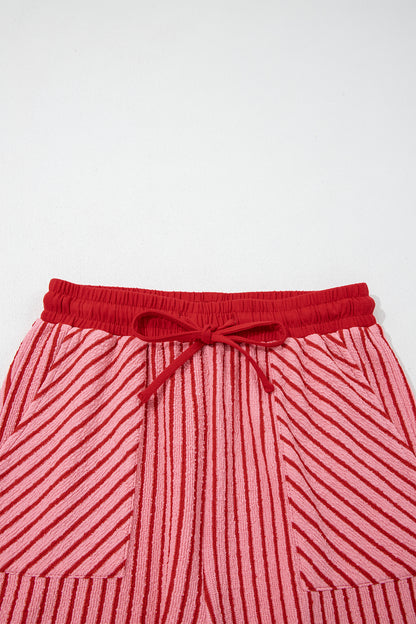 Sky Blue Stripe Crew Neck Tee Drawstring Waist Cropped Pants Set - Snoopy's Closet