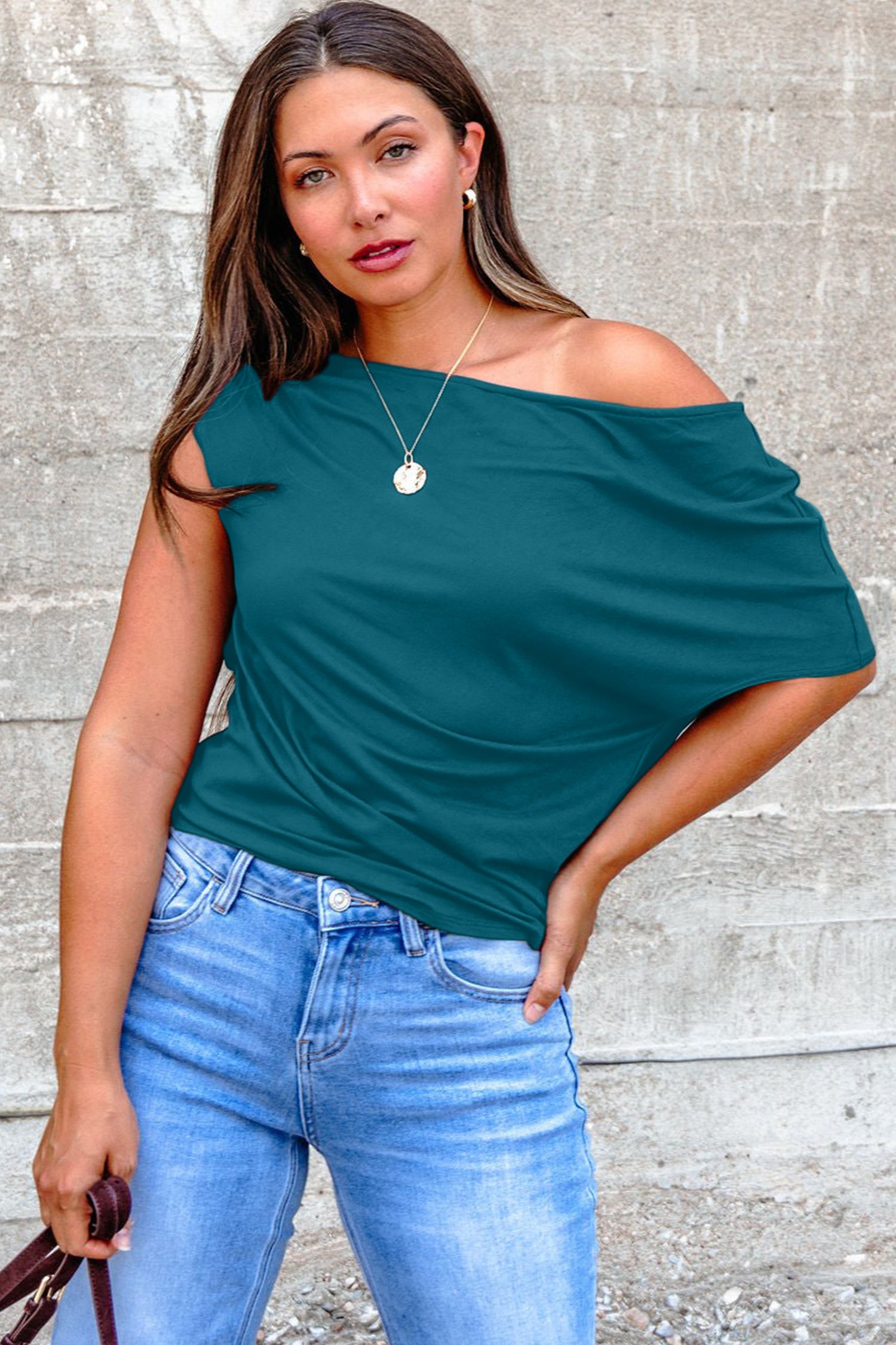 Blue Sapphire Plus Size Solid Color Asymmetric Neck Short Sleeve Blouse - Snoopy's Closet
