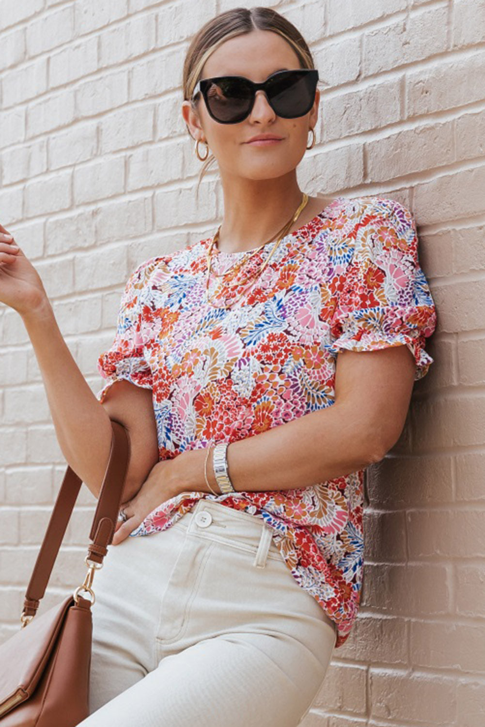 Multicolor Mix Floral Pattern Bubble Sleeve Blouse - Snoopy's Closet