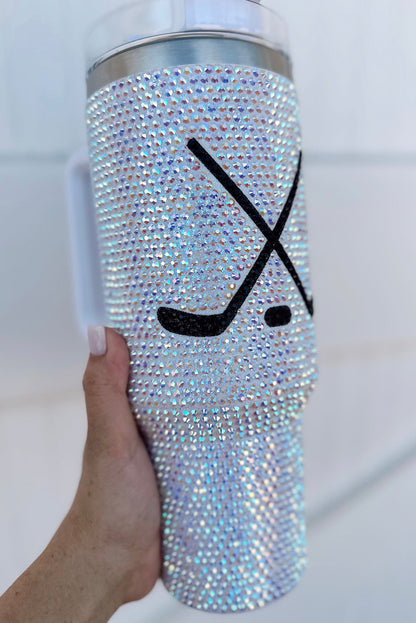 Vaso de 40 oz con asa, con diseño de diamantes de imitación para un día de partido de hockey brillante.