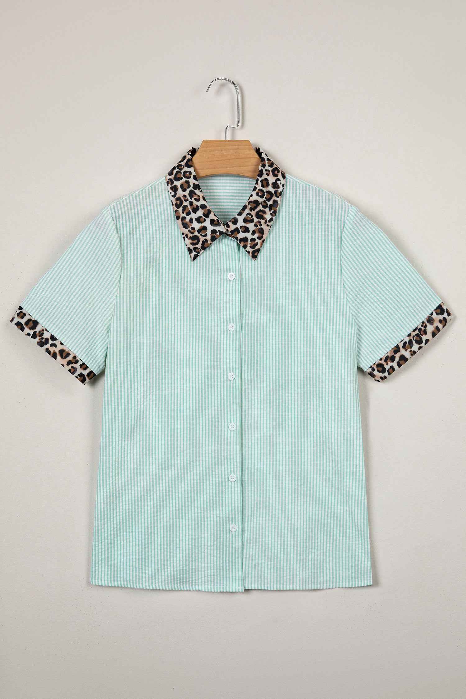 Green Stripe Leopard Contrast Collar Short Sleeve Shirt